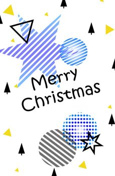 Happy New Year. Merry Christmas. Illustration festive with Christmas balls, stars. On a white background, gray and blue Christmas decorations. Grey and blue balls in stripes