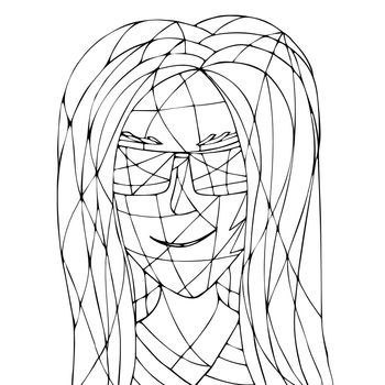 Coloring Page with a Fantasy Woman, Hand Drawn Stained Glass Portrait. Hand-Drawn Coloring Book of an Attractive Girl.