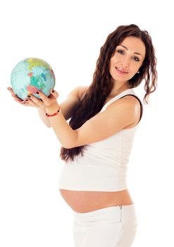 Pregnant caucasian female with globe isolated on white background