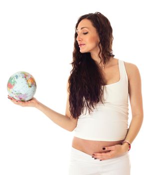 Pregnant caucasian female with globe on blue background