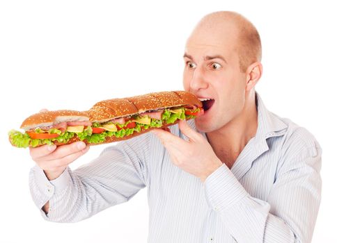 Adult mad man with big sandwich isolated on white background focused on man.