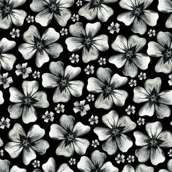 Seamless Pattern with Hand-Drawn Flower. Black Background with Thin-leaved Marigolds for Print, Design, Holiday, Wedding and Birthday Card.