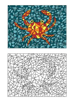 Black and White and Colored Illustration in stained glass style with abstract Crab. Image for Coloring Book, Coloring Page, Print, Batik and Window.