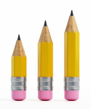 Short wooden pencils in rising line isolated on white background. 3D illustration.