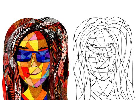 Coloring Page with a Fantasy Woman, Hand Drawn Stained Glass Portrait. Hand-Drawn Coloring Book of an Attractive Girl.