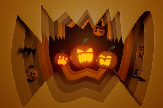 Happy Halloween banner or party invitation background with pumpkins,magical hat and bat in paper cut style. 3D rendering.