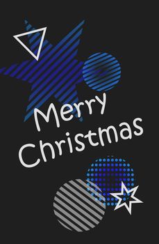 Happy New Year. Merry Christmas. Illustration festive with Christmas balls, stars. On a black background, gray and blue Christmas decorations. Grey and blue balls in stripes