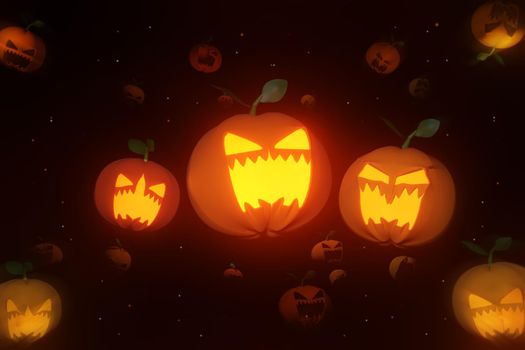 Happy Halloween party invitation background with jack o lantern and pumpkins 3D illustration.