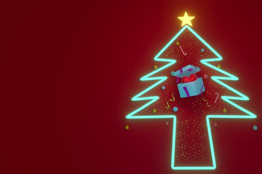 Merry Christmas and Happy New Year With The pine tree glowing and the gift with red heart for text, banner, WEB on RED background .3D illustration.