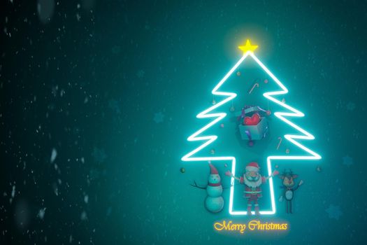 Merry Christmas and Happy New Year with santa claus and cute reindeer and pine tree glowing and the gift with red heart .3D illustration.