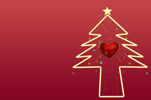 Merry Christmas and Happy New Year With The pine tree glowing and the red heart for text, banner, WEB on RED background .3D illustration.