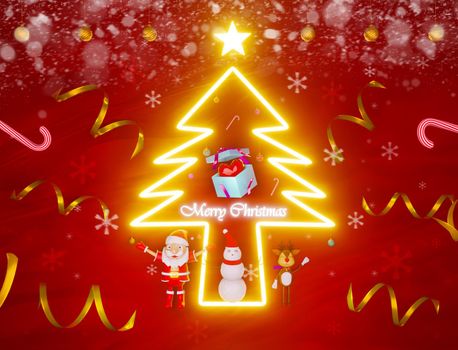 Merry Christmas and Happy New Year with santa claus and cute reindeer and pine tree glowing .3D illustration.