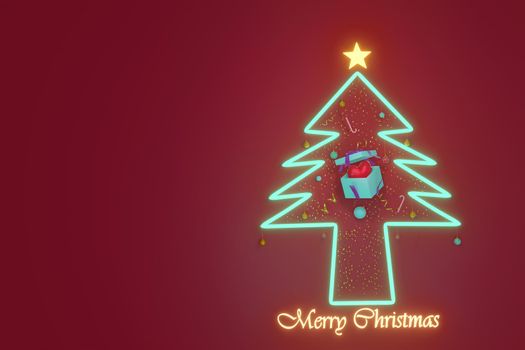 Merry Christmas and Happy New Year With The pine tree glowing and the gift with red heart for text, banner, WEB on RED background .3D illustration.