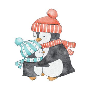 Mother Penguin in red hat hugs child in winter blue scarf. Watercolor illustration on white background for greeting cards, baby posters