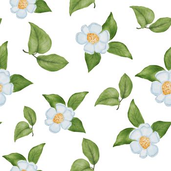 Watercolor floral seamless pattern with flowers and leaves. Spring colorful decor with hand drawn illustrations on white background