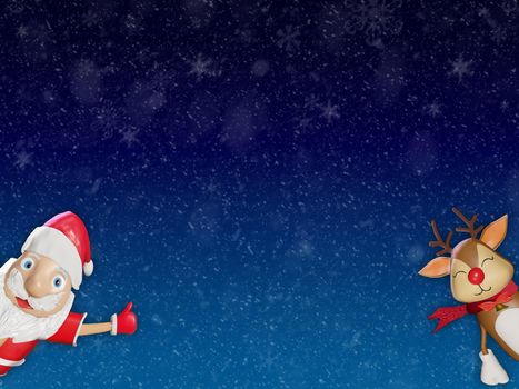 Merry Christmas and Happy New Year with santa claus and cute reindeer on blue snow background for Text, WEB and banner.