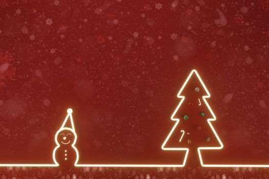 Merry Christmas and Happy New Year With Glowing The pine tree and snowman for text, banner, WEB on RED background .3D illustration.