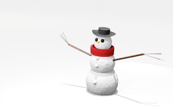 3d render character, cheerful white snowman with knitted hat and scarf, cartoon ilustration isolated on white background.