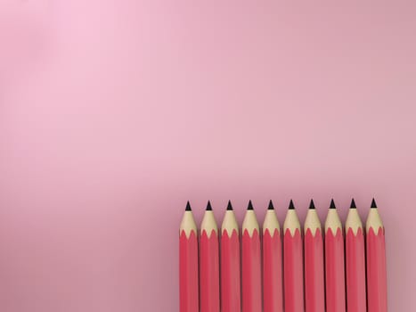 group of Realistic pink pencils Isolated pink background , tool for school or college . 3d illustration.