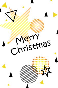 Happy New Year. Merry Christmas. Illustration festive with Christmas balls, stars. On a white background, gray and yellow Christmas decorations. Grey and yellow balls in stripes