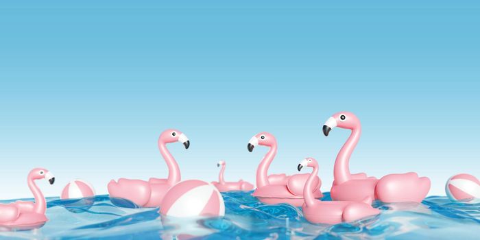 Tropical summer concept design of inflatable flamingos in the swimming pool 3D render