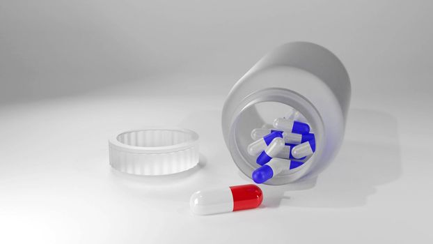 Selective Focus of red capsule pills on white table with blue glass bottle. 3D rendering .