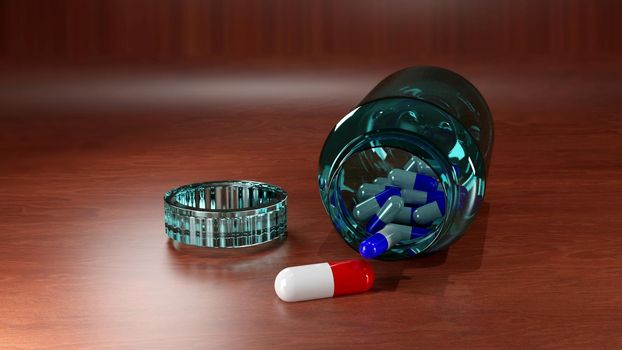 Selective Focus of red capsule pills on wood table out side from blue glass bottle. 3D rendering .