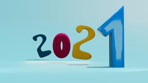 2021 3D rendering new year concept. 2021 new year text pastel colorful on pink background. 3d rendering.