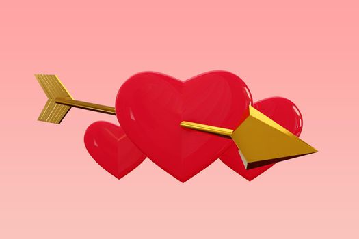 3D rendering of the Heart with an golden cupid arrow isolated on pink background valentine concept. clipping path.