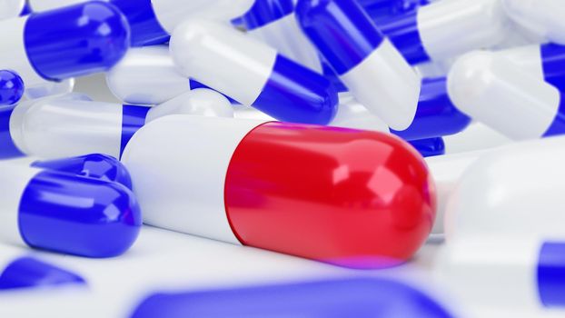 Selective focus of a pills red capsules on the blue capsules background, 3D rendering.