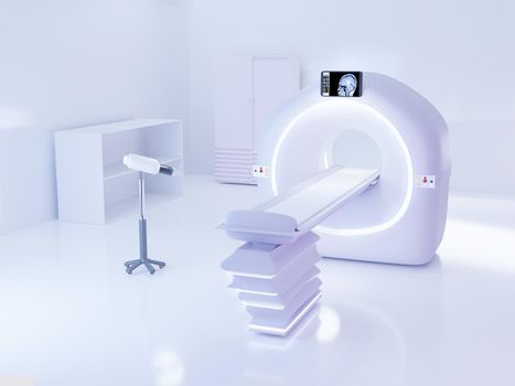 multi detector CT Scanner or Computed Tomography in CT-SCAN Room with Injector. 3D illustration.
