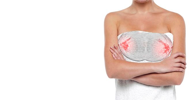 breast cancer awareness against woman for fight against breast cancer showing X-ray Digital Mammogram on towel isolated on white background. Clipping path.