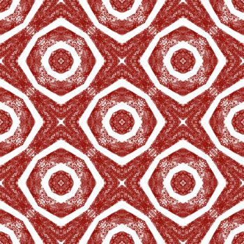 Ikat repeating swimwear design. Wine red symmetrical kaleidoscope background. Summer ikat sweamwear pattern. Textile ready great print, swimwear fabric, wallpaper, wrapping.