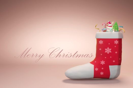 Christmas greeting card vector banner. Merry christmas typography with xmas decoration like snowman, santa claus, and candy cane on sock for holiday season invitation. 3d illustration.