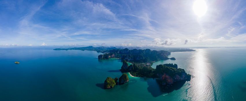 Railay Beach Krabi Thailand, the tropical beach of Railay Krabi, panoramic view of idyllic Railay Beach in Thailand with a huge limestone rocks