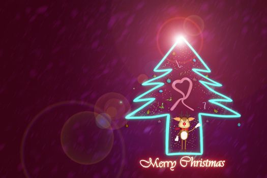 Merry Christmas and Happy New Year With The pine tree glowing and the gift with candy crane and cute riendeer for text, banner, WEB on RED background .3D illustration.