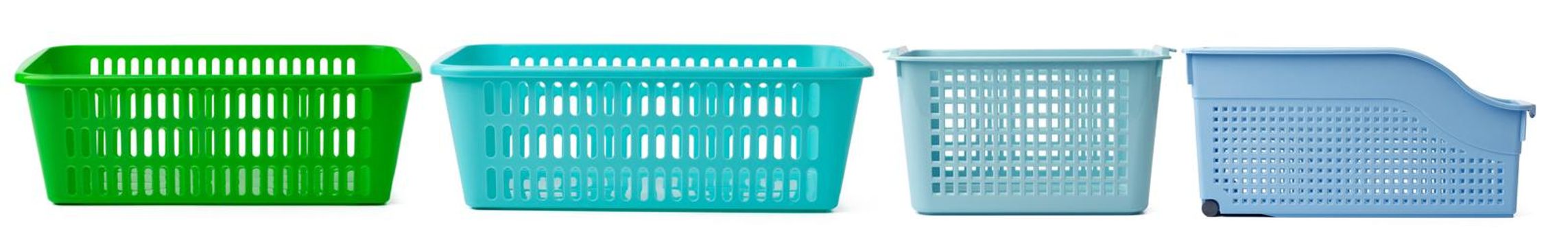 Set of plastic shopping baskets on white background, close up