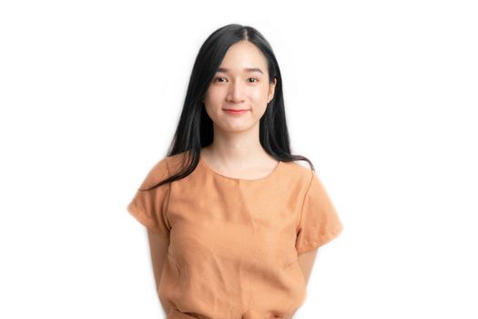 Asian woman portrait and smile with copy space on white background