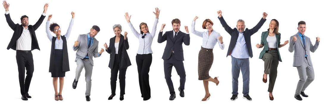 Set of happy cheerful multi racial group of diverse business people with arms raised isolated on white background, full length portraits