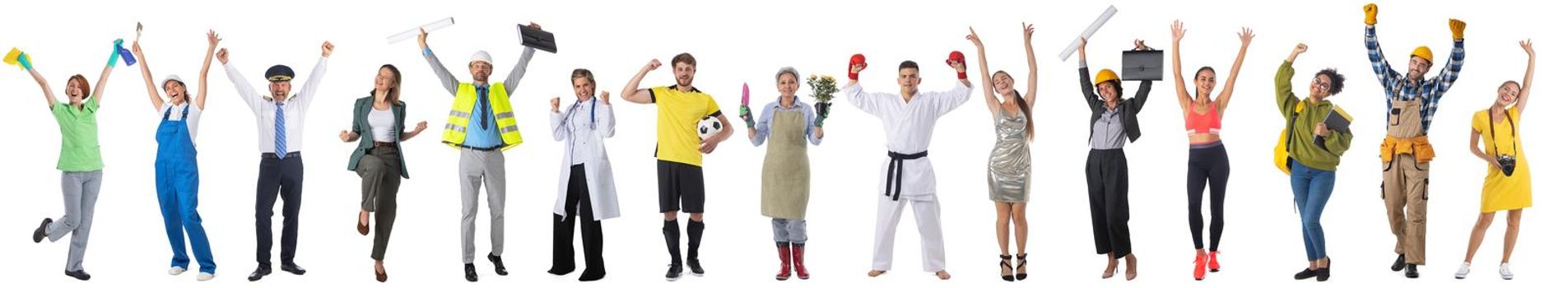 Set collage image of profession different workers with raised arms isolated over white background, full length portrait