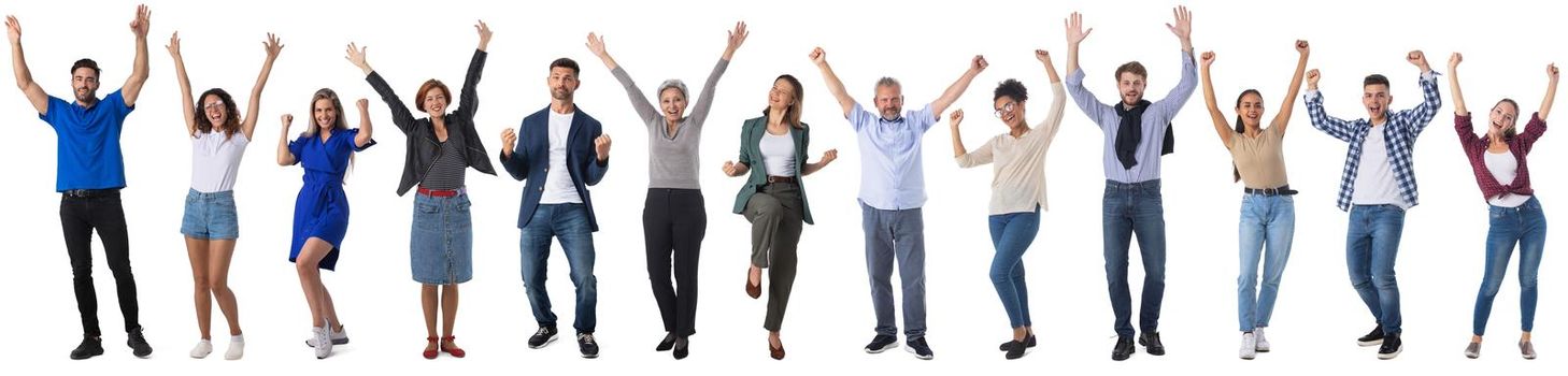 Collage of full length portriats of people in casual clothes isolated on white background, happy people with raised arms