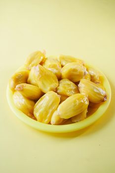 top view of slice of jackfruits in a bowl on table