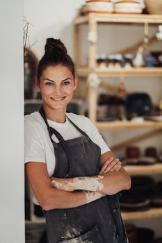 Beautiful Female Entrepreneur in Her Clay Studio, Woman Happy Owner of Small Pottery Business