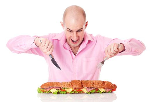 Adult mad man with big sandwich isolated on white background focused on man.