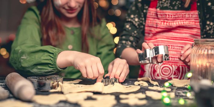 Little girls making Christmas cookies using tree forms. Closeup portrait of process