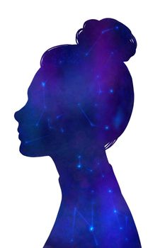 Woman and galaxy double exposure art print. . High quality illustration