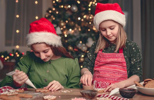 Happy girlfriends showing decorated gingerbread to each other near christmas tree at home