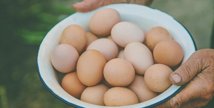 homemade eggs in grandmother's hands. Selective focus. nature.