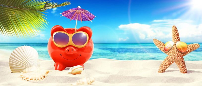 piggy bank on seashore - beach holiday background.