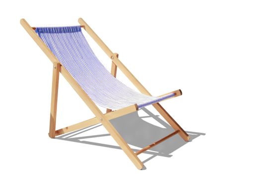 Wooden deck chairs on sandy beach near sea. Holiday background.